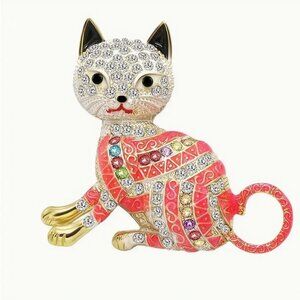 Betsey Johnson Brooch Pink & Iridescent White Crystal Cat Gold Tone